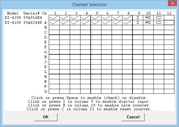 DI-4108 and DI-4208 Channel Selection Grid