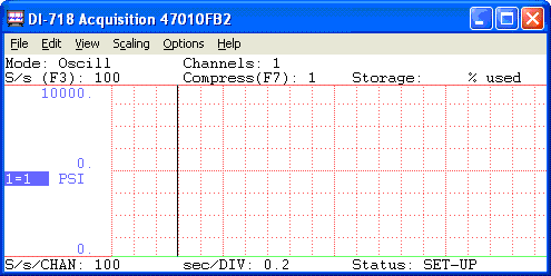 Channel 1 on DI-718B DAQ setup for data acquisition with a DI-8B38 Strain Gage Based Transducer