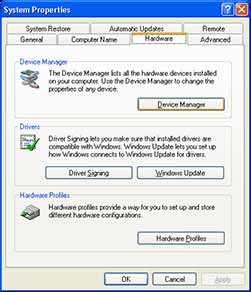 Click on the Hardware tab, then click the Device Manager button.